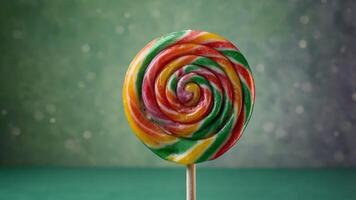Lollipop on a stick on a green background, Colorful sweet treat lolly for kids with copy space. photo