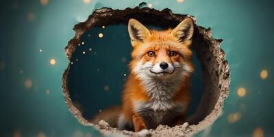 cute fox coming through crack hole in solid color background with copy space. photo