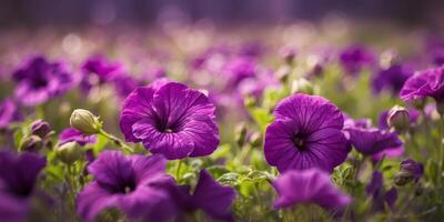 A multitude of blooming purple petunias in a field of similar blooming purples. photo