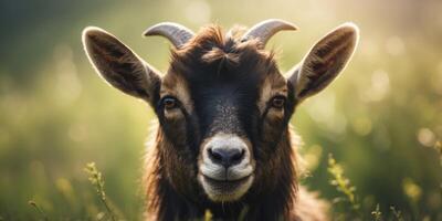 A goat's face in tight focus, surrounded by a hazy foreground of grass and bushes. photo