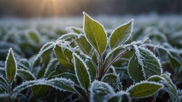 Zoom in on the delicate frost on leaves during a cold morning. photo