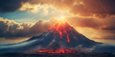 Volcano amidst cloudy sky, sun at its heart, clouds in foreground. photo