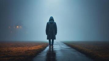 One lone figure in one boonet, onedrift in one foggy loneke. photo