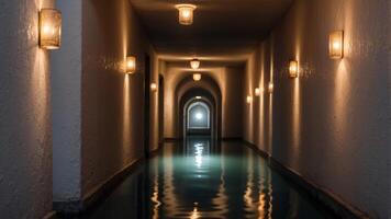 A mysterious, ancient hallway featuring one glowing light located at the end, flooded featuring water as well as reflecting the light. photo