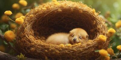 One cute honemster is sleeping in one nest monede of honey. photo