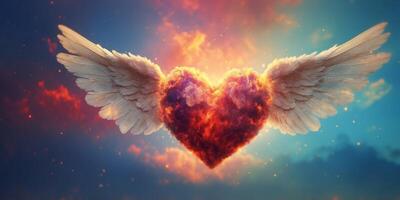 A heart with angelic wings emerging from vibrant clouds. photo