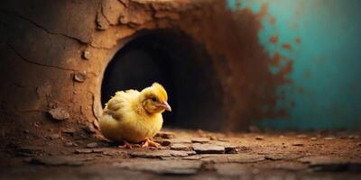 cute chicken coming through crack hole in solid color background with copy space. photo