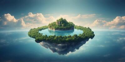 Floating island in the sky with a central island in the sea, encircled by clouds. photo