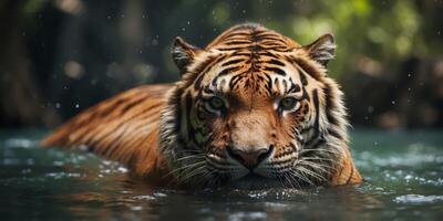 A tight shot of a tiger in water, its face partly immersed. photo