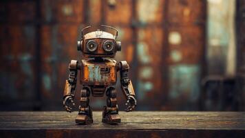 A rusty robot stands in front of a rusty metal wall. photo