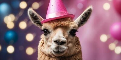 A tight shot of a llama donning a pink party hat, adorned with a matching ribbon. photo