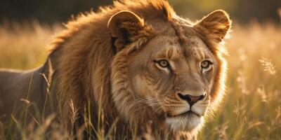 A tight shot of a lion in a sea of tall grasses, bathed in sun rays as it reaches his radiant face. photo