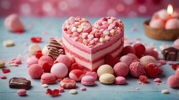 Indulge in a sweet valentine's day with a whimsical heart adorned in bright pastel hues and surrounded by delicious candy and confectionery treats. photo
