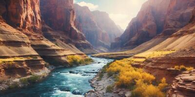 A stunning view of a canyon with a river running through it. photo