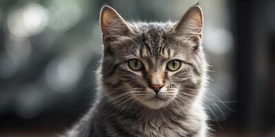 A black-and-white image of a cat's focused face with a soft, blurred effect. photo