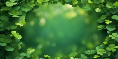 A circular green frame surrounded by a diverse array of clover leaves with varying shades of green,. photo