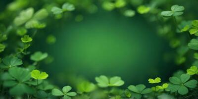 A circular green frame surrounded by a diverse array of clover leaves with varying shades of green,. photo