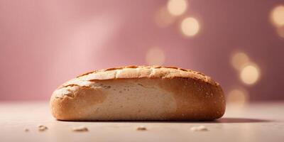 A slice of bread with the shape and appearance of an old-fashioned bathroom scale on pink background Weight loss idea. photo