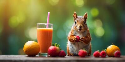A squirrel holding a straw, with vibrant fruit smoothie, blending the idea of enjoying a fresh drink. photo