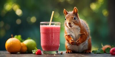 A squirrel holding a straw, with vibrant fruit smoothie, blending the idea of enjoying a fresh drink. photo