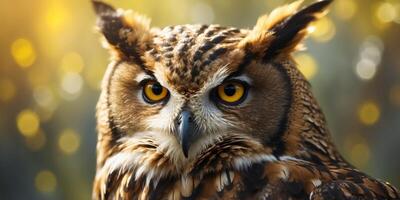 A tight shot of an owl's face with a yellow-eyed bird of prey in the foreground. photo