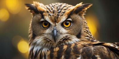 A tight shot of an owl's face with a yellow-eyed bird of prey in the foreground. photo