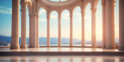 A tranquil architectural space with columns and a bright sky. photo