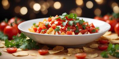 A white plate holds tortilla chips, fully covered in salsa Toppings include sliced tomatoes and cilantro. photo