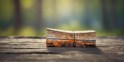 A worn piece of wood, appearing as if it's been split in two, with evident age and weathering. photo