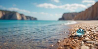 Abird's-eye perspective of a beach boasting crystal-clear, azure waters, and a rugged cliff on its opposite end. photo