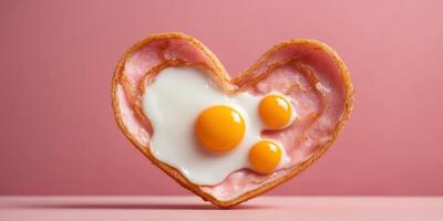 Fried eggs in the shape of a heart on pink background Minimal food idea. photo