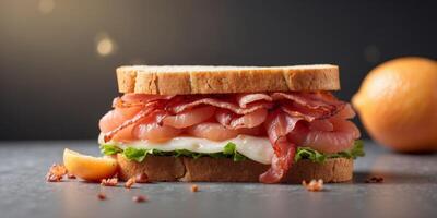 Half grapefruit like a sandwich with bacon Minimal fruit and food idea. photo