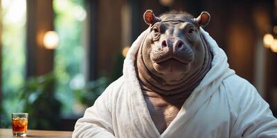 Hippo in spa wearing a robe sunglasses and drinking a martini. photo