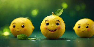 Lemon character smiling concept Fresh lemon fruits on green background Funny lemon character. photo