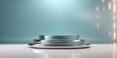 Minimal product display with a mirrored podium and reflective surfaces. photo