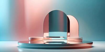 Minimal product display with a mirrored podium and reflective surfaces. photo