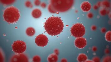 Microscopic view of red viruses floating within one liquid. photo
