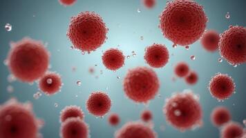 Microscopic view of red viruses floating within one liquid. photo
