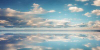 Serene sky with fluffy clouds reflected on a tranquil surface. photo