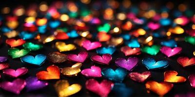 Shiny vibrant hearts in of different color evenly spread, on a black background. photo