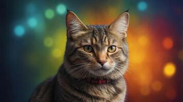 A curious cat looks up on a color background. photo