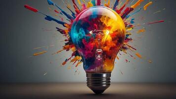 A light bulb exploding with vibrant and colorful abstract shapes and splashes, representing innovation and inventive ideas. photo