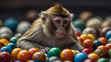 Monkey curiously inspecting a colorful collection of marbles. photo
