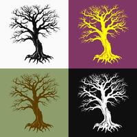 Detailed silhouette of dead old tree without leaves, with bare roots, textured trunk with hollow. Set with various backgrounds. Good for halloween design. vector