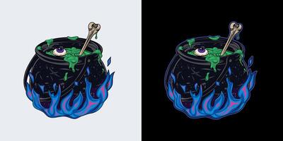 Witch cauldron with bubbling green liquid, brew with violet eye, bone. Magic potion, symbol of witchcraft. Cast iron boiling cauldron on blue magic fire. Traditional halloween element in vintage style vector
