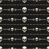 Geometric Halloween pattern with horizontal stripes with broken bones, half skull without jaw on dark background. Textured black background. Vintage style. vector
