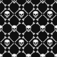 Geometric black and white Halloween pattern with square grid with rhombus cells, broken bones, half skull without jaw on dark background. Classic grid pattern. Vintage style. vector
