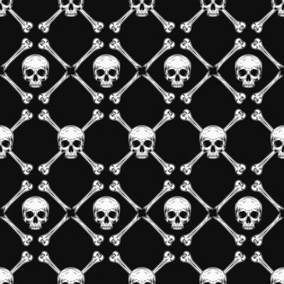 Geometric black and white Halloween pattern with square grid with rhombus cells, broken bones, half skull without jaw on dark background. Classic grid pattern. Vintage style.