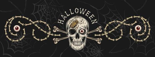 Halloween horizontal banner, border with scrolls of bones, bright green, yellow blots, paint splatter, text, human skull like cup full of colorful eyeballs. Horizontal holiday poster, header vector