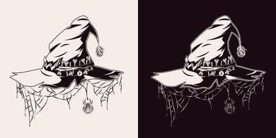 Monochrome pointed witch hat with W shaped buckle, bones, eye on stick behind a ribbon on a hat, rose, hanging spiderweb like veil. Traditional halloween decor vector